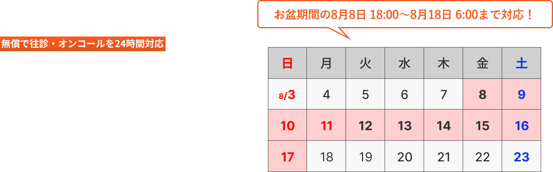 お盆期間の8月8日 18:00〜8月18日 6:00まで対応！